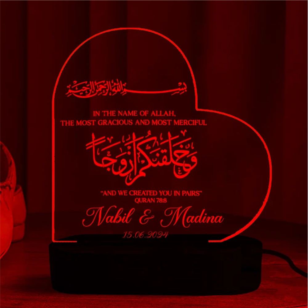 Customize 3D Wedding Heart Acrylic Lamp Nikkah Gift
