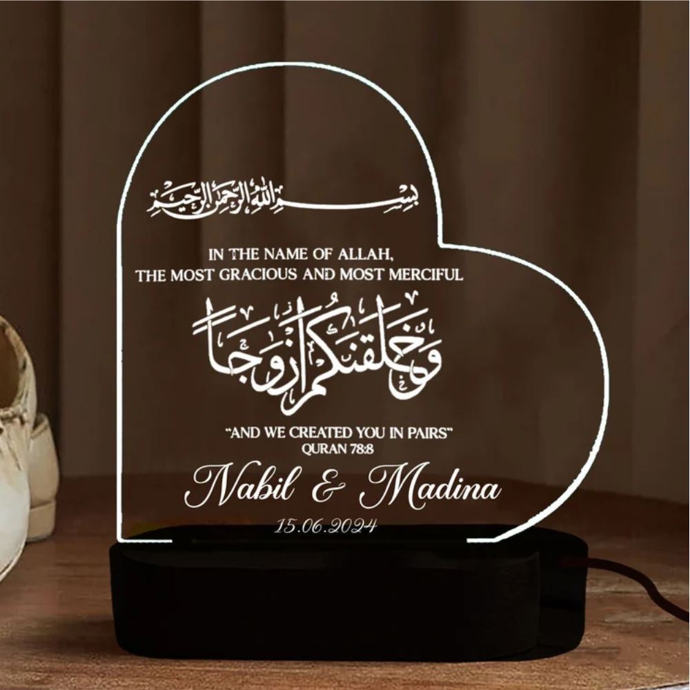 Customize 3D Wedding Heart Acrylic Lamp Nikkah Gift