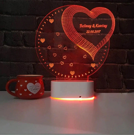 Customize Round Shape 3D Illusion Lamp With Heart